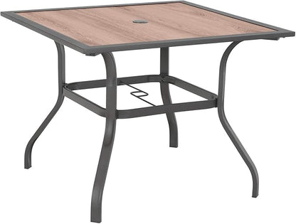 Sophia & William Square Patio Dining Table with 1.57" Umbrella Hole, Outdoor Table with Imitation Wood Tabletop and Brown Metal Steel Frame, for Lawn Garden Backyard, L37 X W37 X H28