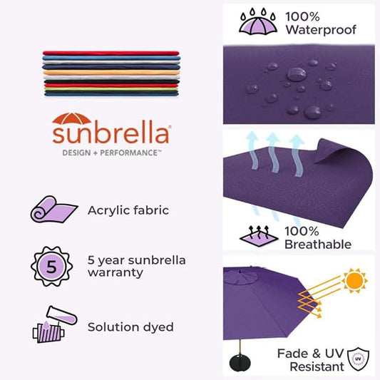 Midtown Umbrellas The Wooden 8 Feet Patio Umbrella With Sunbrella Bengali Purple Acrylic Fabric - Aluminum Frame Market Umbrella For Backyard, Deck, Garden, Pool - Wooden Pole