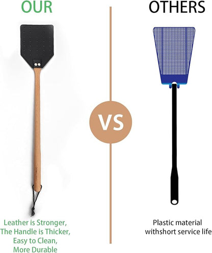 2 Pack Sturdy Leather Fly Swatter for Indoors - (19.7”)Long Handle Heavy Duty Wood Fly Swatter With Hanging Rope, Durable Fly Swatter for Outdoor Rustic Bug Swatter Flies,Mosquitoes And Bees