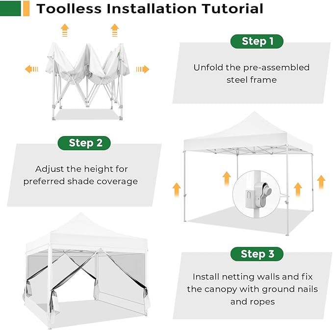 COBIZI 10x10 Heavy Duty Pop Up Canopy with 4 Mosquito Netting Wall, Easy Set Up Commercial Gazebo Party Tent, Outdoor Instant Screen Canopy for Backyard, Patio, Garden, White