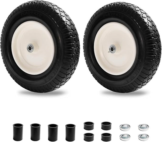 Parts Camp 4.80/4.00-8" Flat Free Wheelbarrow Tire and Wheel - 16" Universal Fit for Garden Wagon, Cart, Trolley, Dolly - 5/8" & 3/4" Bearings, 3" Centered Hub (2 Pack)