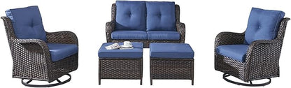 Rilyson 5 Piece Outdoor Patio Furniture Set - Rattan Wicker Patio Conversation Sets with 2 Swivel Rocker Chairs,2 Ottomans and 1 Loveseat for Outside Porch Deck Backyard(Brown/Blue)