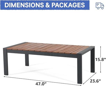 Soleil Jardin Aluminum Patio Furniture Coffee Table, Outdoor Rectangle Table with FSC Certified Solid Wood Top, Outdoor Conversation Modern Coffee Table