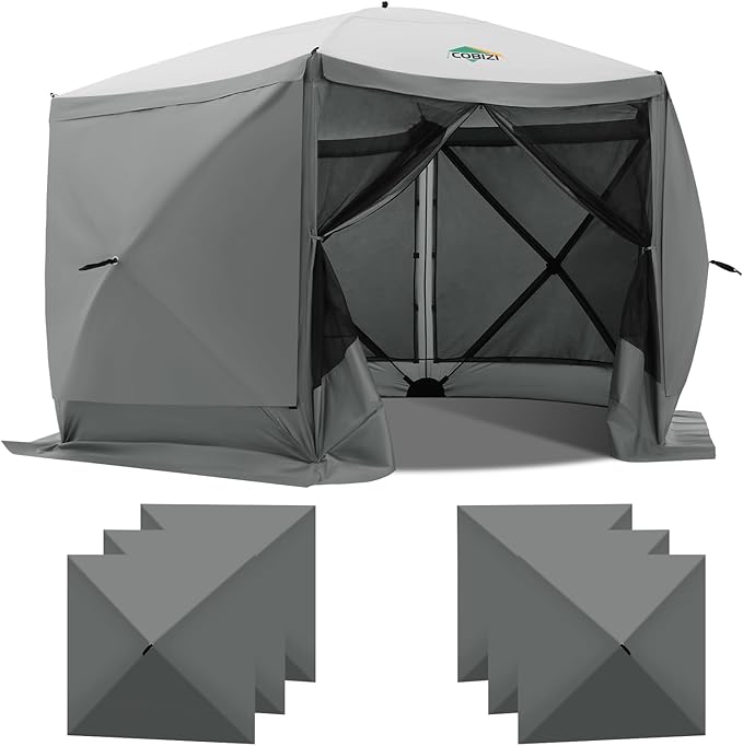 COBIZI 12x12ft Pop up Gazebo on Clearance Screen Canopy Tent for Camping, Camping Outdoor Screened Gazebo with Sidewalls, Portable Hub with Carrying Bag and Ground Stakes, Grey(Upgraded 2.0)