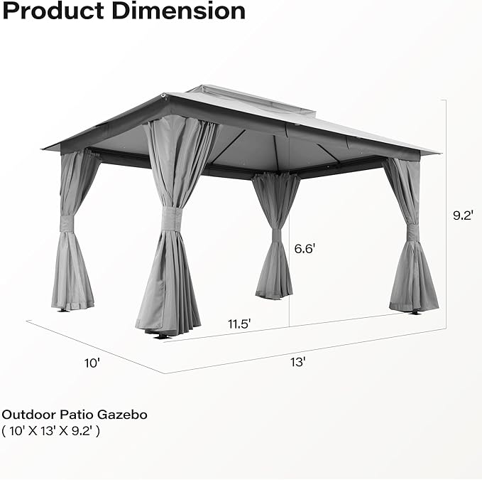 Outdoor Patio Gazebo 10x13FT, Heavy Duty Party Tent & Shelter with 2-Tier Roof and Expansion Bolts, Mosquito Nettings and Privacy Screens for Backyard, Garden, Poolside, Gray