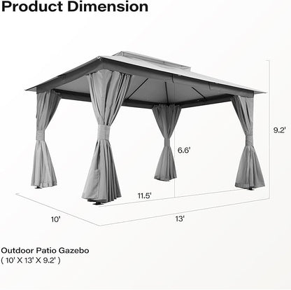 Outdoor Patio Gazebo 10x13FT, Heavy Duty Party Tent & Shelter with 2-Tier Roof and Expansion Bolts, Mosquito Nettings and Privacy Screens for Backyard, Garden, Poolside, Gray