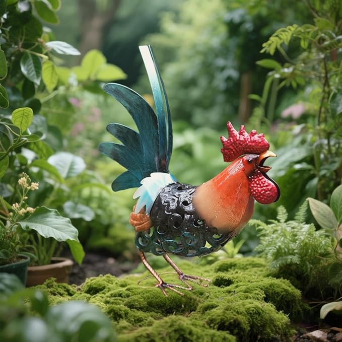 16.5" Metal Rooster Garden Statue, Handmade Morning Crowing Rooster Sculpture with Green Tail Feathers, Rust-Resistant Iron Art for Yard, Farmhouse, Kitchen & Outdoor Decor