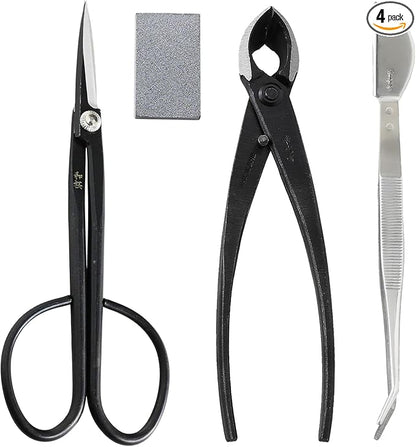 Wazakura 4PCS Bonsai Essential Tool Kit MADE IN JAPAN, Yasugi Steel Twig Bonsai Scissors + Concave Branch Cutter 8in (200mm) + Stainless Tweezers + Sap Eraser Set