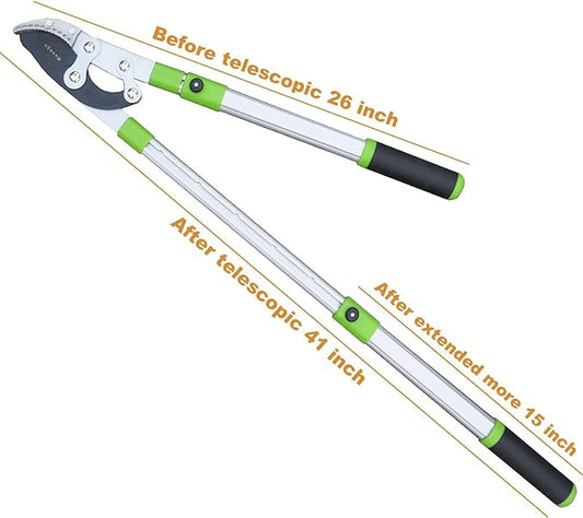 Heavy Duty Anvil & Bypass Lopper with Telescopic Handle (26-41 Inch) - 5-Layer Adjustable Garden Pruner, 2-Inch Branch Cutter for Tree Trimming