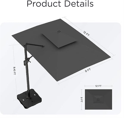 9' X 12' Cantilever Patio Umbrella with Base Included 360°Rotation Rectangular Outdoor Large Offset Umbrellas Double Top Heavy Duty Windproof for Garden Deck Pool, Grey