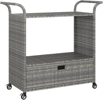 Outdoor Rolling Wicker Bar Cart with Drawer, Portable Bar Cart with Wheels, Patio Kitchen Island Cart for Pool Deck Backyard, Gray 39.4"x17.7"x38.2" Poly Rattan -461
