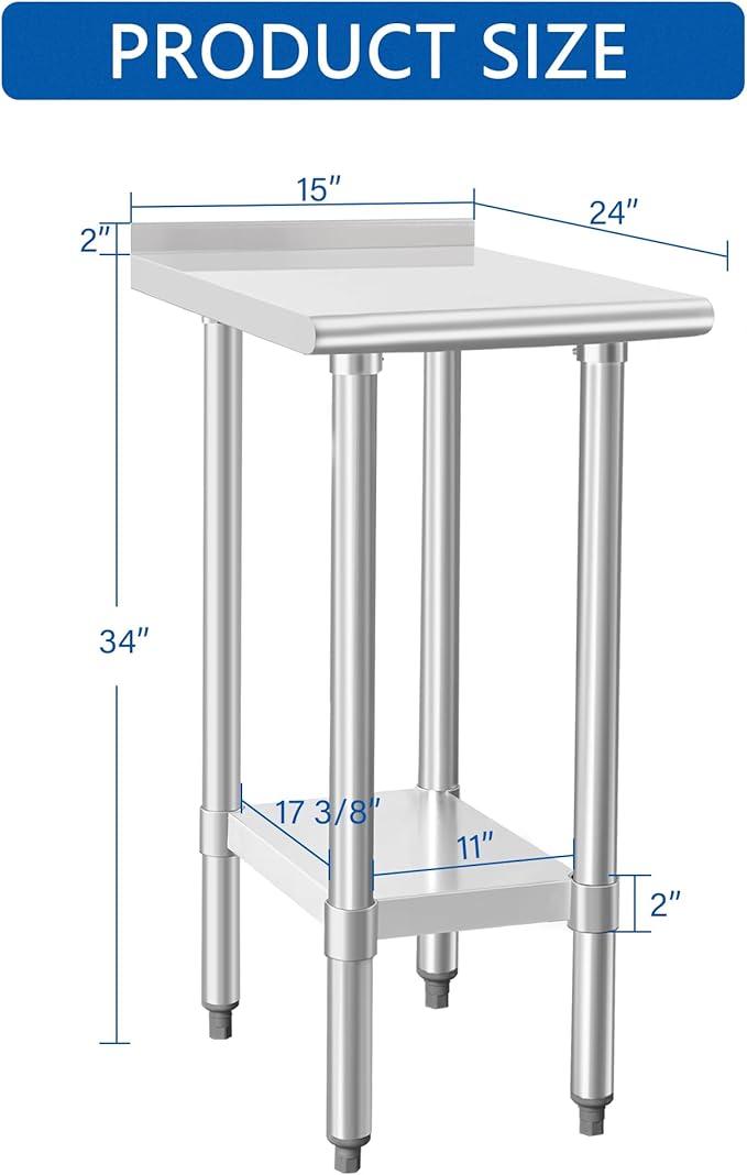 HARDURA Stainless Steel Commercial Work Table Prep Work Metal Table 24×15 Inches with Undershelf and 2" Backsplash Heavy Duty NSF 430 for Kitchen Food Prep