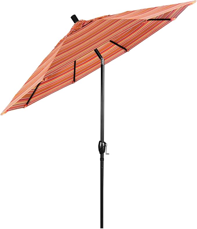 California Umbrella 9' Round Aluminum Market Umbrella, Crank Lift, Push Button Tilt, Black Pole, Sunbrella Dolce Mango