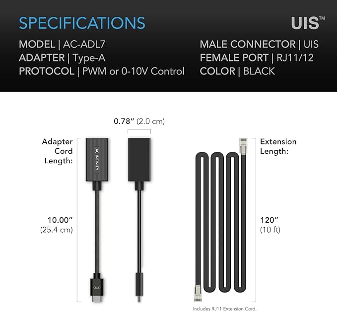 AC Infinity RJ11/12 to UIS Port Type-A Adapter Dongle, Conversion Cable Cord with Extension Cable for RJ11 RJ12 Grow Lights with PWM and 0-10V Current Sourcing Dimming (Pack of 2)