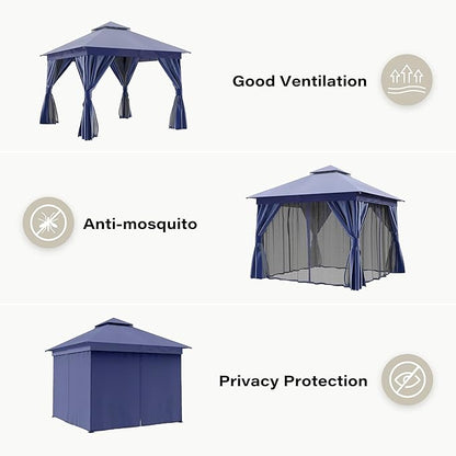 Outdoor Patio Gazebo 8FT, Heavy Duty Party Tent & Shelter with 2-Tier Roof and Expansion Bolts, Mosquito Nettings and Privacy Screens for Backyard, Garden, Poolside, Navy Blue