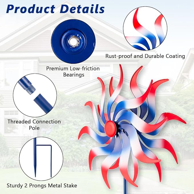 Wind Spinners Outdoor, 15 Inch Dia Metal Wind Sculpture & Spinner, Red White Blue Patriotic Kinetic Windmill for Garden Yard, 4th of July Independence Day Decor, 58" Tall