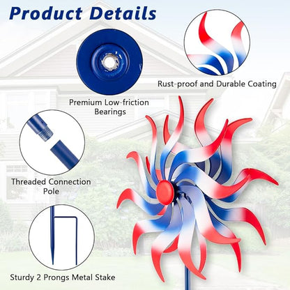 Wind Spinners Outdoor, 15 Inch Dia Metal Wind Sculpture & Spinner, Red White Blue Patriotic Kinetic Windmill for Garden Yard, 4th of July Independence Day Decor, 58" Tall