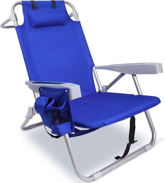 Beach Chair with Backpack Straps, Heavy Duty Backpack Beach Chairs for Adults with 4 Positions, Lay Flat Beach Chair with Large Cooler Pouch, Support to 350LBS