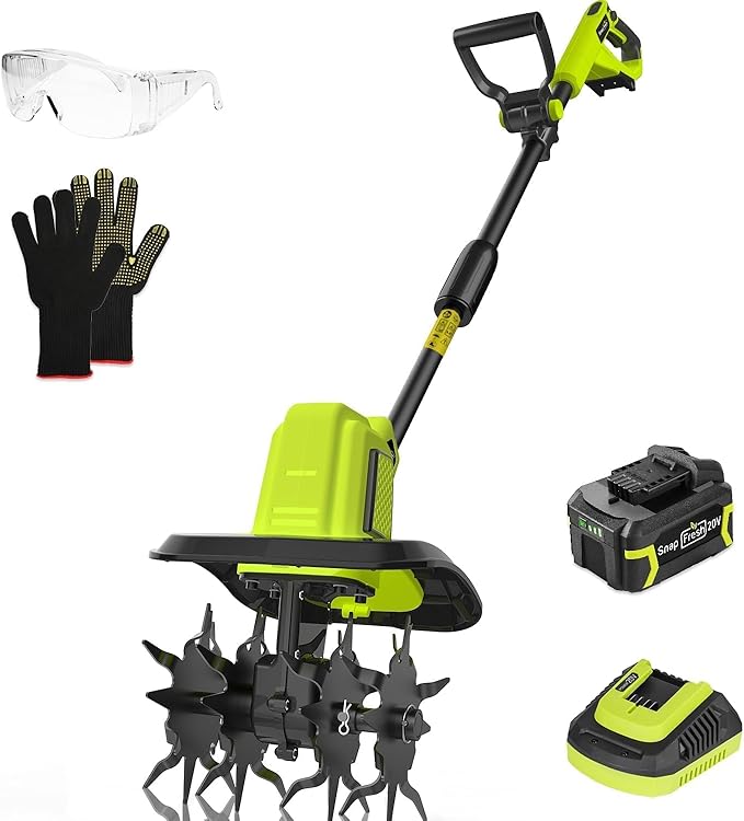 SnapFresh Cordless Tiller Cultivator, 20V Electric Garden Tiller with 4.0AH Battery and Fast Charger, 300 PRM Battery Powered Rototiller, 9" Width 6.6" Depth, 3 Speed Handheld Tiller with Steel Tines