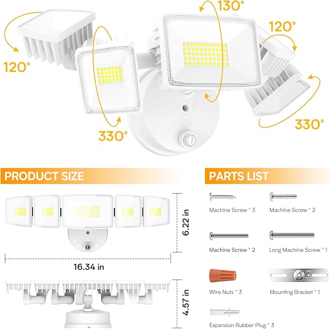 Onforu 120W 12000LM Dusk to Dawn Outdoor Lighting,5 Heads Flood Lights Outdoor,6500K Super Bright Outdoor Lighting,IP66 Waterproof Hardwired LED Security Lights for Garage,Yard,Outside