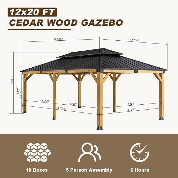 CHARMELEON 12'x20' Cedar Wood Gazebo,Wooden Hardtop Gazebos with Dual Metal Roof - Permanent Outdoor Gazebo - Large All Weather Patio Pavilion for Backyard, Deck & Garden - with Curtains & Netting