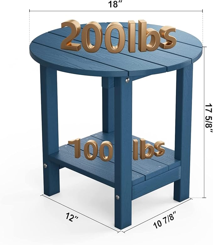 MXIMU Round Outdoor Side Table Adirondack Tables 18 Inch Chairside End Tables with Storage Shelf, 2-Tier Plastic Patio Side Table, Weather Resistant for Balcony Backyard Lawn (Navy, 2 Pack)