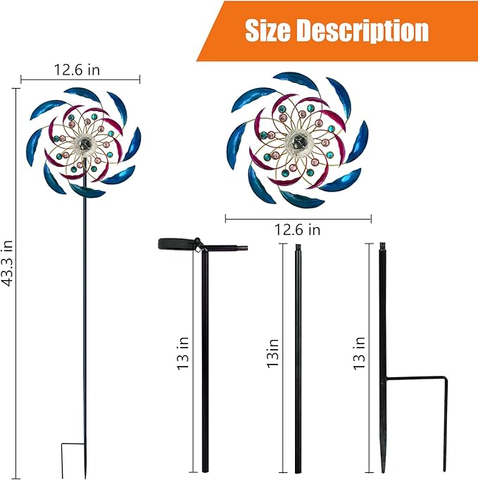 46" Wind Spinners for Yard and Garden with Solar LED Light, Metal Kinetic Wind Spinner Outdoor Decor, Wind Sculpture Yard Art Decorations for Patio, Lawn & Garden