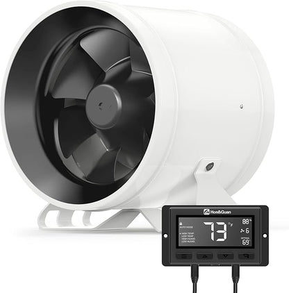Hon&Guan PRO 6 Inch Inline Duct Fan - 405 CFM with Quiet EC Motor & Temperature Humidity Smart Controller, Ventilation Exhaust Fan for Heating Cooling, Grow Tents, Hydroponics (White&Black)