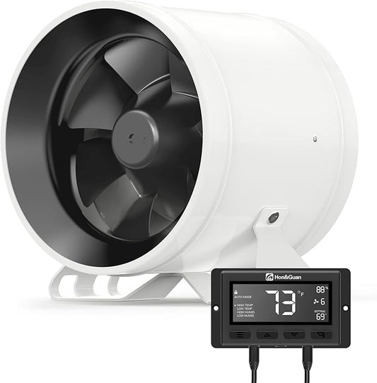 Hon&Guan PRO 6 Inch Inline Duct Fan - 405 CFM with Quiet EC Motor & Temperature Humidity Smart Controller, Ventilation Exhaust Fan for Heating Cooling, Grow Tents, Hydroponics (White&Black)