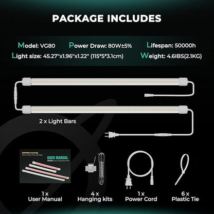 MARS HYDRO VG80, 4ft Led Grow Lights for Indoor Plants, 5000K Full Spectrum, 2x4 Coverage, IP65 Waterproof Linkable Under Canopy Plant Light Strip for Seedling Veg Flower (2x40W, 450W Equivalent)