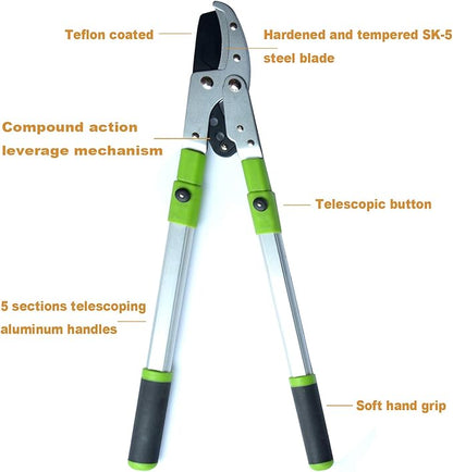 Bypass Lopper with Extendable, Anvil Lopper Heavy Duty, Tree Trimmer Telescopic 26-41 Inch, Garden Pruner 5 Sections Handle Adjustment, Branch Cutter with 2 Inch Cut Capacity