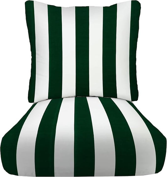 RSH DECOR: Deep Seating Cushion with Pillow Back | 23” x 26” Seat | All-Weather Spun Fabric | Water and Fade-Resistant | Outdoor Chair Cushion Set for Patio Furniture | Hunter Green & White Stripe