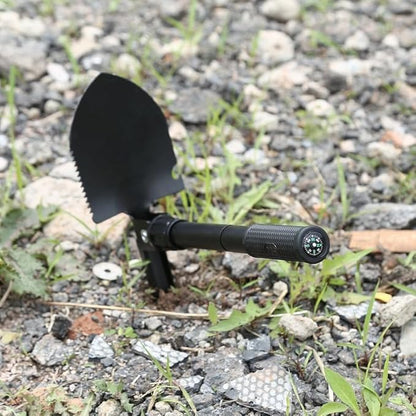 Finidel Folding Shovel, Lightweight with Compass, High Carbon Steel Camping Shovel Survival Shovel - Camping, Adventure, Garden, Emergency (Black) 3-in-1 Multifunction