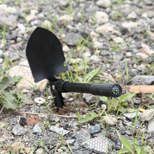 Finidel Folding Shovel, Lightweight with Compass, High Carbon Steel Camping Shovel Survival Shovel - Camping, Adventure, Garden, Emergency (Black) 3-in-1 Multifunction