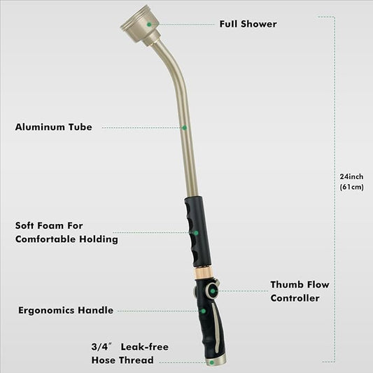 RESTMO Long Watering Wand, 24 Inches Gentle Soft Full Shower Sprayer Wand with Thumb Flow Control, Heavy Duty Metal Hose Wand for Hanging Baskets, Shrubs, Plants, Flowers, Garden and Lawn