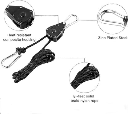 Grow Light Rope Hanger 3Pairs，1/8" 8-Feet Long Heavy Duty Adjustable Rope Clip Hanger, Adjustable Rope Ratchet Hangers 150 Lbs per Pair with Stainless Steel 2.5" S Hook