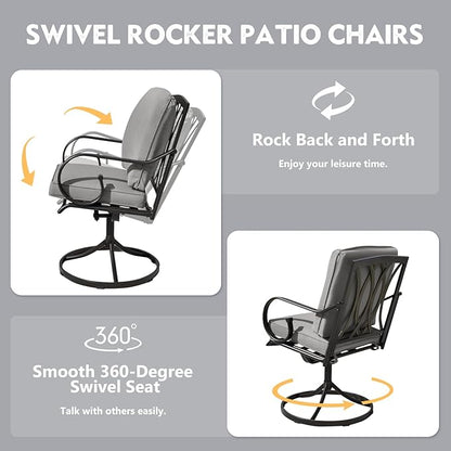MELLCOM Patio Swivel Chair Set of 6, Heavy Duty Outdoor Dining Chairs with Thickened Cushions, Metal Patio Chairs Gentle Rocker for Outside, Garden Lawn & Porch, Backyard, Grey