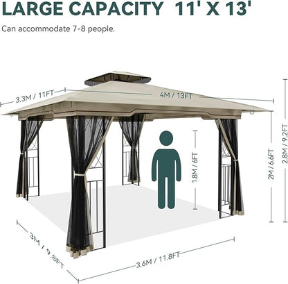 11x13 Outdoor Patio Gazebo with Mosquito Netting and Corner Frame Screen Wall, Double Roofs Metal Frame Party Canopy Tent Shelter for Backyard Garden Deck - Tan