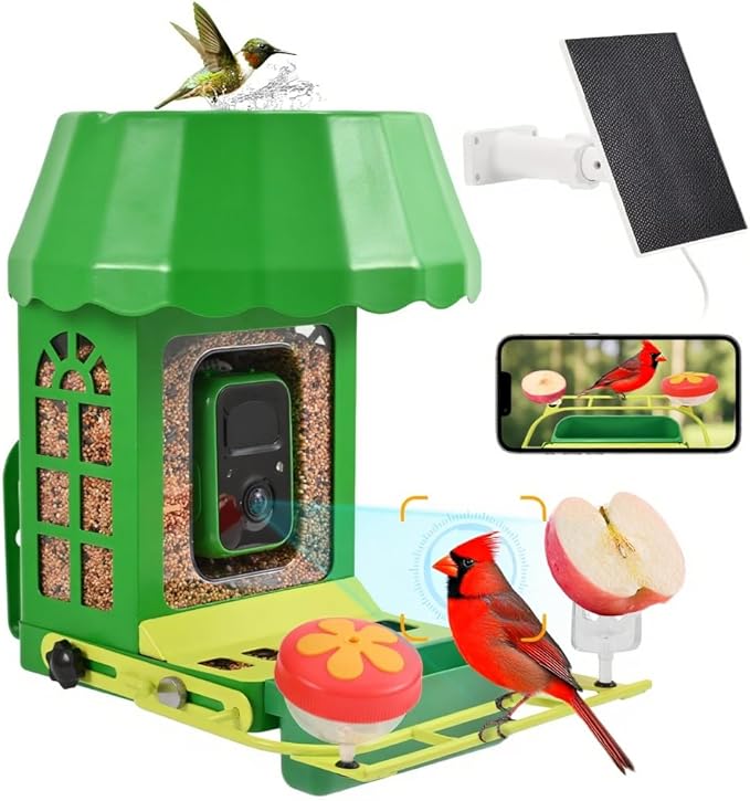 Avinory Metal Smart Bird Feeder with 2K HD Camera with Pole Dia 1 in,Solar Powered,AI Identification for 12000+ Species,2.4GHz Wireless,Squirrel-Proof Design,Chew-Proof,Easy Setup for Outdoor Garden