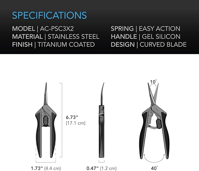 AC Infinity 6.6” Stainless Steel Curved Pruning Shear 2-Pack, Lightweight Ergonomic Design, Curved Precision Blades with Nonstick Titanium Coating for Gardening, Hydroponics, Grow Tents