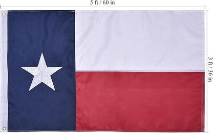 Texas State Flag 3x5 Ft, Deluxe Embroidered Heavy Duty Polyester Durable TX Flag with Sewn Stripes and Brass Grommets for Indoor/Outdoor Use
