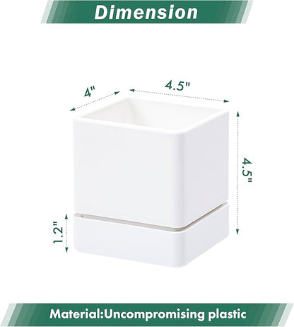 4 Inch Herb Planter Pot, Plastic Planter with Drainage Holes and Saucer, Modern Decorative Gardening Pot for Indoor Plants, Flowers, Herbs, Succulents, White, Set of 4, 76-Y-A-4
