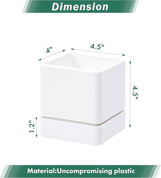 4 Inch Herb Planter Pot, Plastic Planter with Drainage Holes and Saucer, Modern Decorative Gardening Pot for Indoor Plants, Flowers, Herbs, Succulents, White, Set of 4, 76-Y-A-4