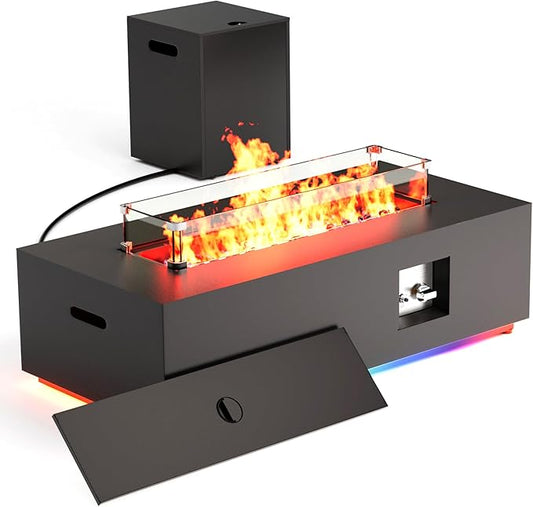 42" Outdoor Fire Pit Table, 50,000 BTU Gas Fire Pit with Glass Wind Guard, Fire Stones, Waterproof Cover, Propane Fire Pit Table for Outside Patio (RGB Light, Black)