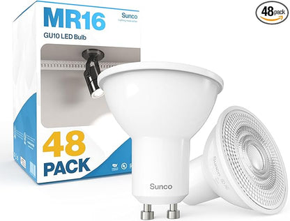 Sunco 48 Pack MR16 LED Bulb, GU10 Dimmable Track Light Bulbs, 5.5W=50W, 3000K Warm White, 550 LM, 25000 Lifetime Hours UL.