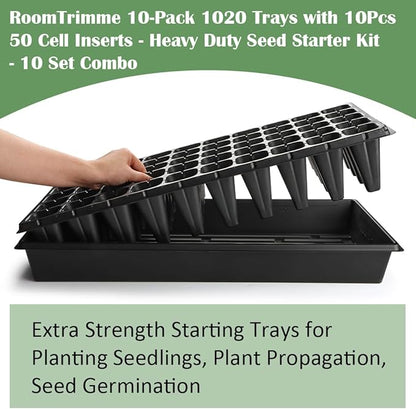 10 Pack 1020 Trays with 10 Pack 3.54" Deep 50 Cell Seed Starter Trays - Seed Starting Kit for Gardening, Durable Plastic Nursery Trays for Seed Germination & Plant Propagation (10 Set)