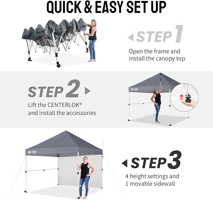 CROWN SHADES 10x10 Pop Up Canopy Tent with 1 Comercial Kit, Instant Commercial Tent with Patended Centerlock, 400D Silver Coated Fabric, 1 Sidewall, 4" Wheels, Sto'N Go Bag,Grey