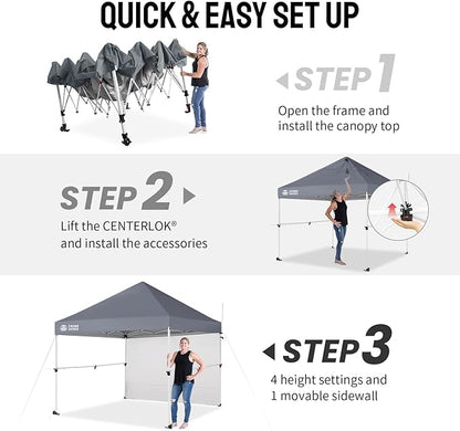 CROWN SHADES 10x10 Pop Up Canopy Tent with 1 Comercial Kit, Instant Commercial Tent with Patended Centerlock, 400D Silver Coated Fabric, 1 Sidewall, 4" Wheels, Sto'N Go Bag,Grey
