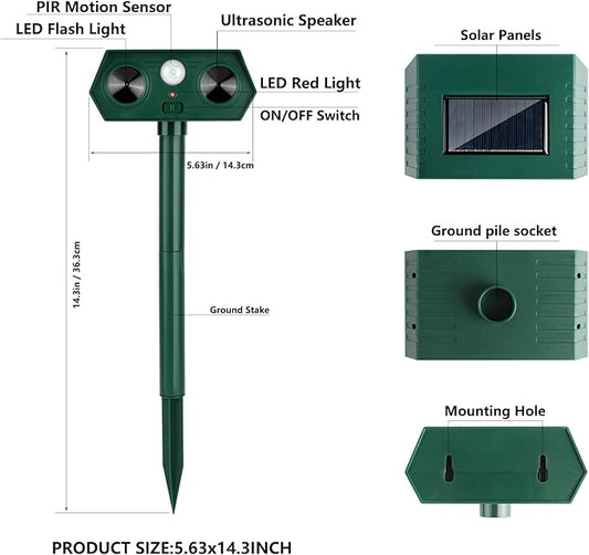 2 Pack 2025 Ultrasonic Animal Repellent Outdoor Cat Repellent Devices Solar Animal Repeller Motion Activated Deterrent to Scare Deer Squirrel Rabbit Raccoon Skunk for Yard Lawn Outdoor