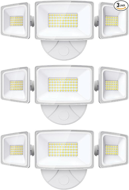 Onforu 3 Packs 60W LED Security Light, 6000LM Outdoor Flood Lights Fixture with 3 Adjustable Heads, IP65 Waterproof, 6500K White Brightness Exterior Wall Mount Security Light for Eave, Yard(White)